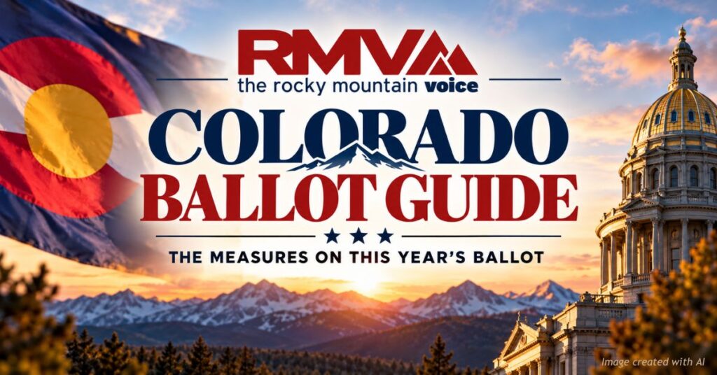 Rocky Mountain Voice Colorado Ballot Guide banner with the Colorado flag, the state Capitol dome and mountains at sunrise