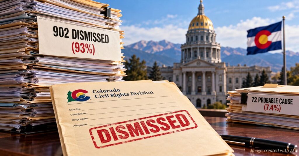 Stacks of discrimination complaint files labeled 902 dismissed and 72 probable cause, with the Colorado State Capitol and state flag in the background.
