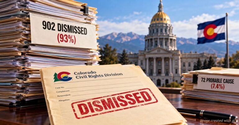 Stacks of discrimination complaint files labeled 902 dismissed and 72 probable cause, with the Colorado State Capitol and state flag in the background.