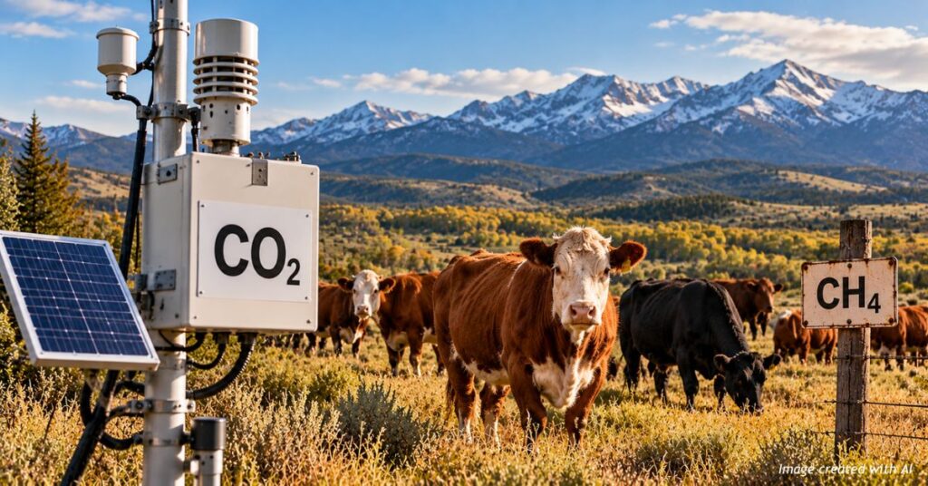 AI-generated illustration of cattle grazing in a Colorado pasture beside a CO2 monitoring station and a CH4 sign, with mountains in the background.