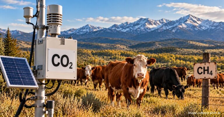 AI-generated illustration of cattle grazing in a Colorado pasture beside a CO2 monitoring station and a CH4 sign, with mountains in the background.