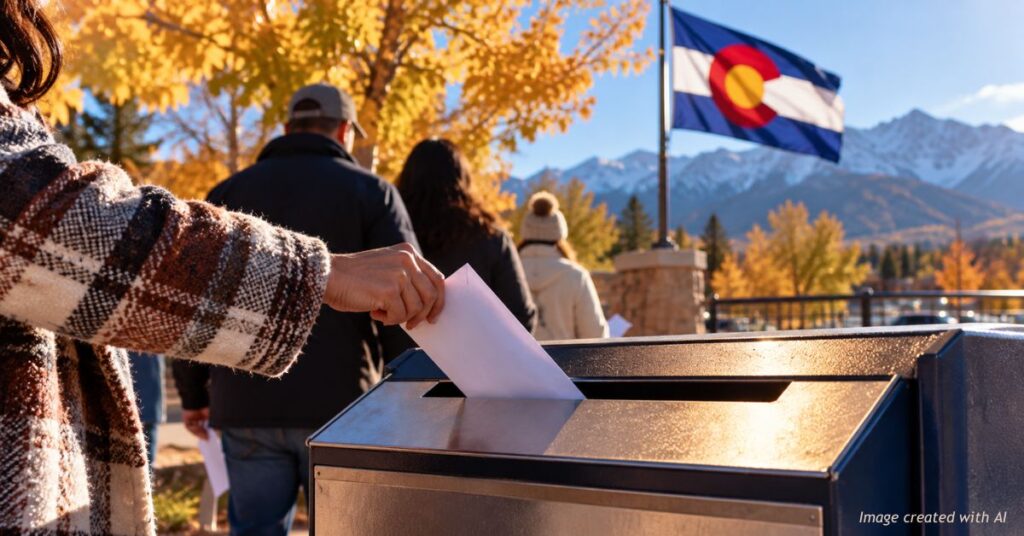AI-generated image of a voter placing an envelope into a ballot drop box in Colorado, with autumn trees, mountains and the state flag in the background.