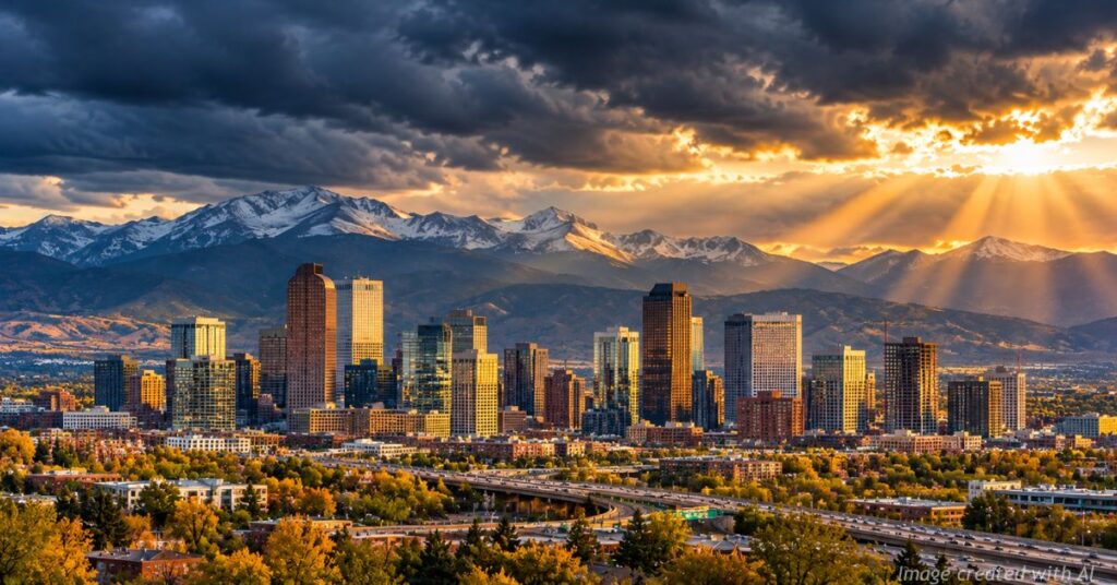 Denver skyline beneath storm clouds symbolizes concerns about Colorado's economic future.