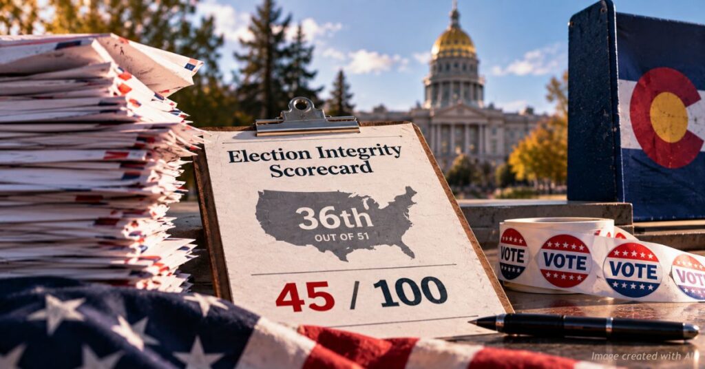 Colorado election integrity scorecard on a clipboard, ranked 36th of 51 with 45 of 100 points, beside stacked mail ballots.