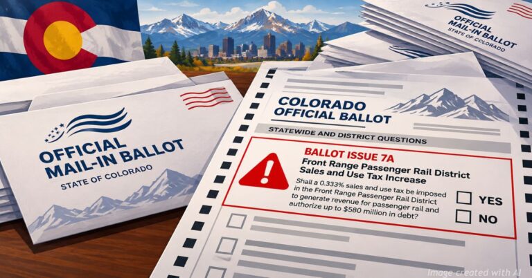 Colorado mail-in ballot illustration highlights the rail tax question mistakenly sent to 800,000 ineligible voters.