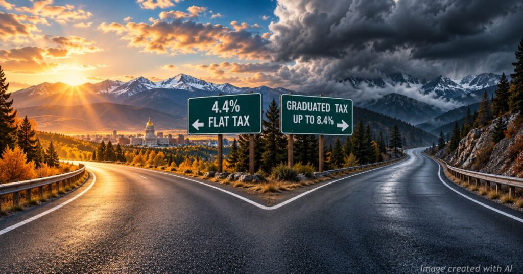 Colorado highway forks toward sunny flat tax and stormy graduated tax paths in the Rocky Mountains.