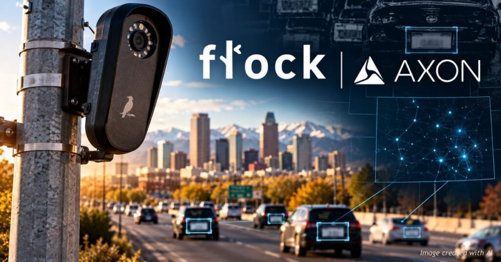 AI-generated illustration of a roadside license plate reader overlooking Colorado traffic, with Flock and Axon branding and digital vehicle-tracking graphics.