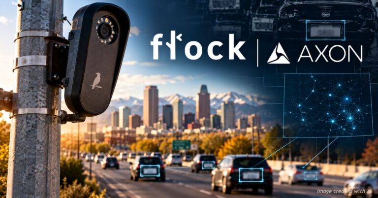 AI-generated illustration of a roadside license plate reader overlooking Colorado traffic, with Flock and Axon branding and digital vehicle-tracking graphics.