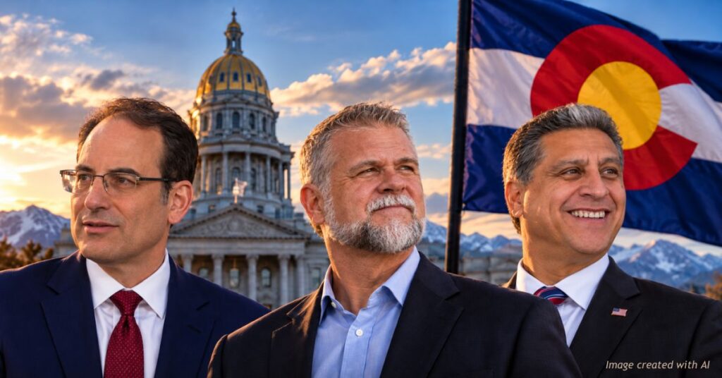 Colorado gubernatorial candidates Phil Weiser, Victor Marx and Greg Lopez appear from left to right, with the Colorado State Capitol and state flag in the background.
