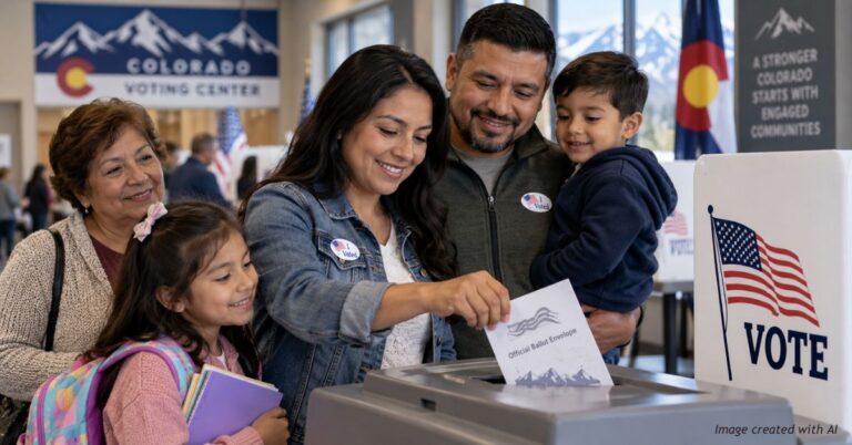 AI-generated illustration of a Hispanic family with children placing a ballot envelope into a voting drop box at a Colorado voting center.