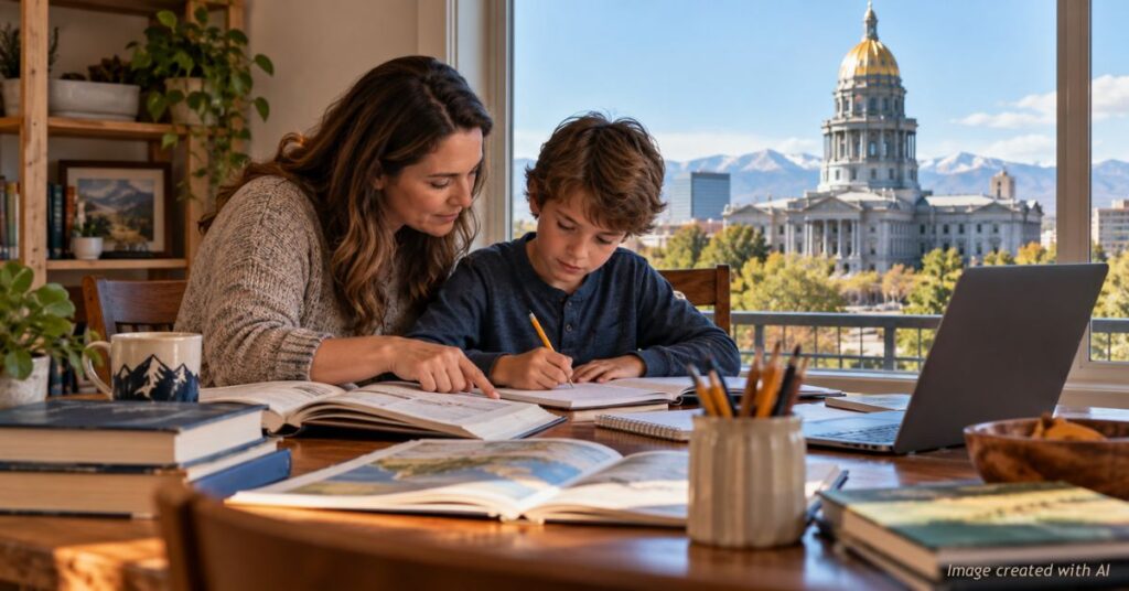 A mother helps her son with schoolwork at a kitchen table, with the Colorado State Capitol visible through the window.