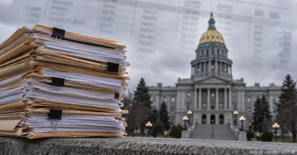 Colorado housing fund paperwork stacked outside the state Capitol, with faint ledger columns in the overcast sky.