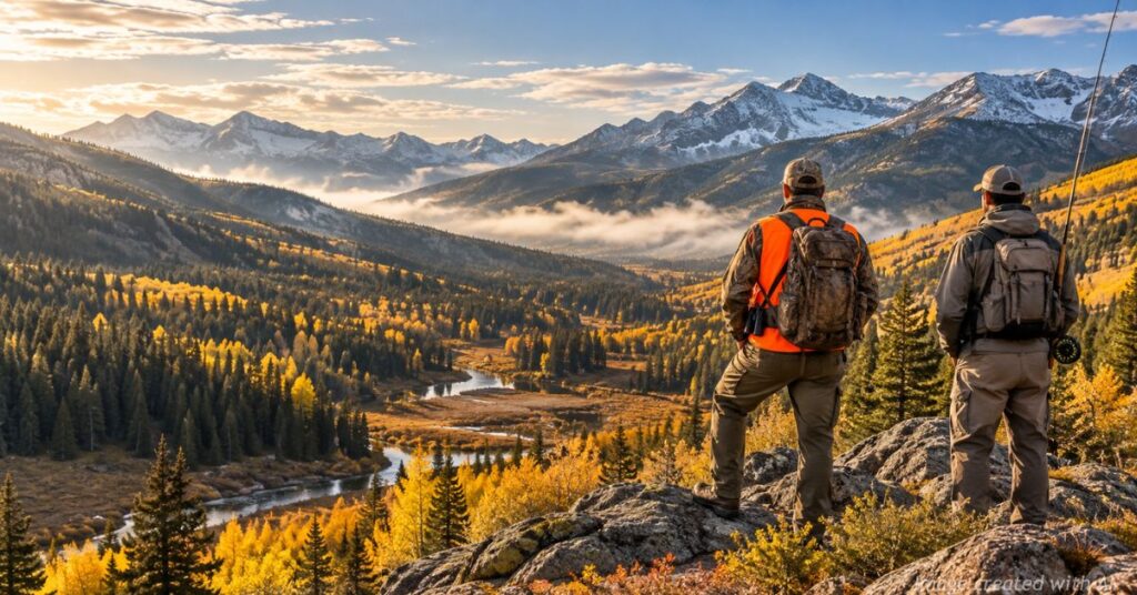 Colorado hunter and angler overlook a Rocky Mountain valley, highlighting their role in state wildlife management.