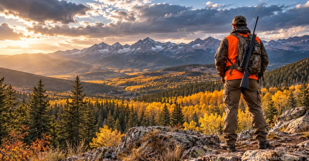 Hunter overlooking Colorado's Rocky Mountains, illustrating a lawsuit challenging state hunting limits.