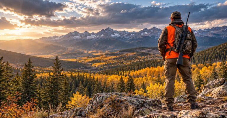Hunter overlooking Colorado's Rocky Mountains, illustrating a lawsuit challenging state hunting limits.