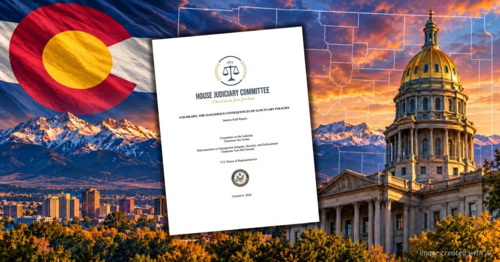 The House Judiciary Committee's interim staff report on Colorado sanctuary policies, against the Colorado flag, the Denver skyline and the State Capitol