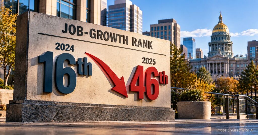 Editorial illustration showing Colorado's job-growth ranking falling from 16th in 2024 to 46th in 2025, with the Colorado State Capitol in the background.