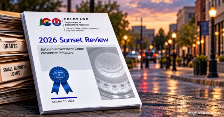 Colorado's 2026 sunset review of the Justice Reinvestment Crime Prevention Initiative, displayed beside grant and small-business loan folders.