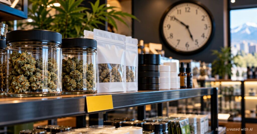 Jars of marijuana flower and packaged cannabis products displayed on dispensary shelves, with a clock in the background illustrating concerns about delayed safety notifications in Colorado.