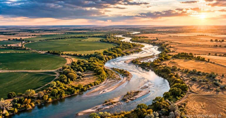 Aerial view of the South Platte River winding through farmland near the Colorado Nebraska border.