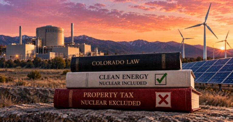 Three law books stacked in front of a nuclear plant, wind turbines and solar panels at sunset, labeled Colorado Law, Clean Energy Nuclear Included with a green check, and Property Tax Nuclear Excluded with a red X