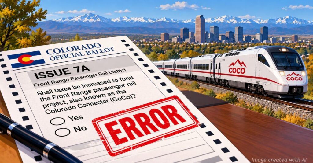 Colorado Issue 7A ballot stamped ERROR beside a white COCO passenger train with Denver and the Rocky Mountains behind it.