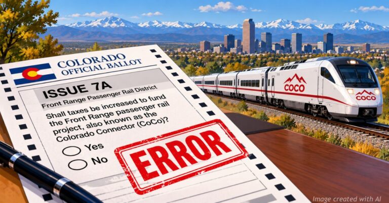 Colorado Issue 7A ballot stamped ERROR beside a white COCO passenger train with Denver and the Rocky Mountains behind it.