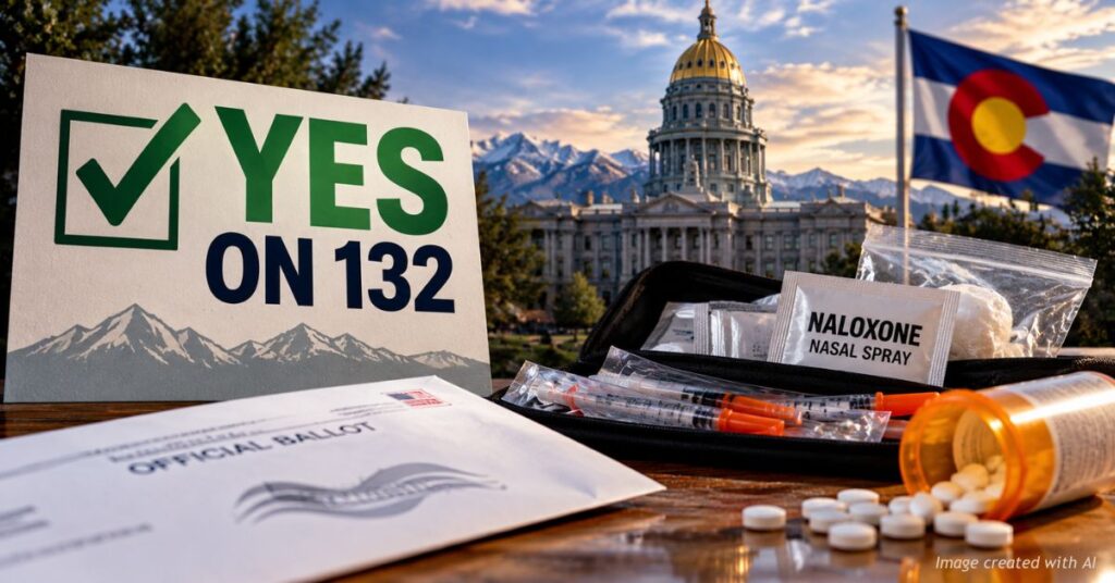 Editorial illustration featuring a Yes on Proposition 132 sign, naloxone, syringes and pills, with the Colorado State Capitol and state flag in the background.