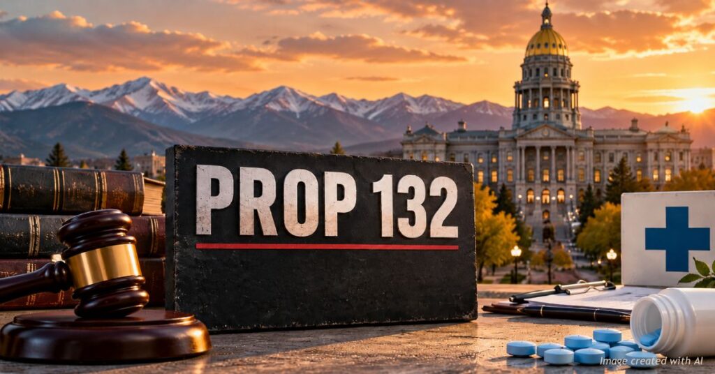 AI-generated editorial illustration featuring Proposition 132, a judge's gavel, blue pills and a medical symbol against the Colorado State Capitol at sunset.
