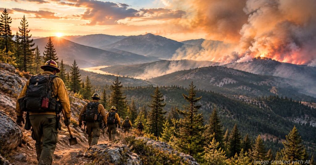 Wildland firefighters hike a rocky Colorado mountain trail toward a distant wildfire sending smoke across forested peaks. Copy