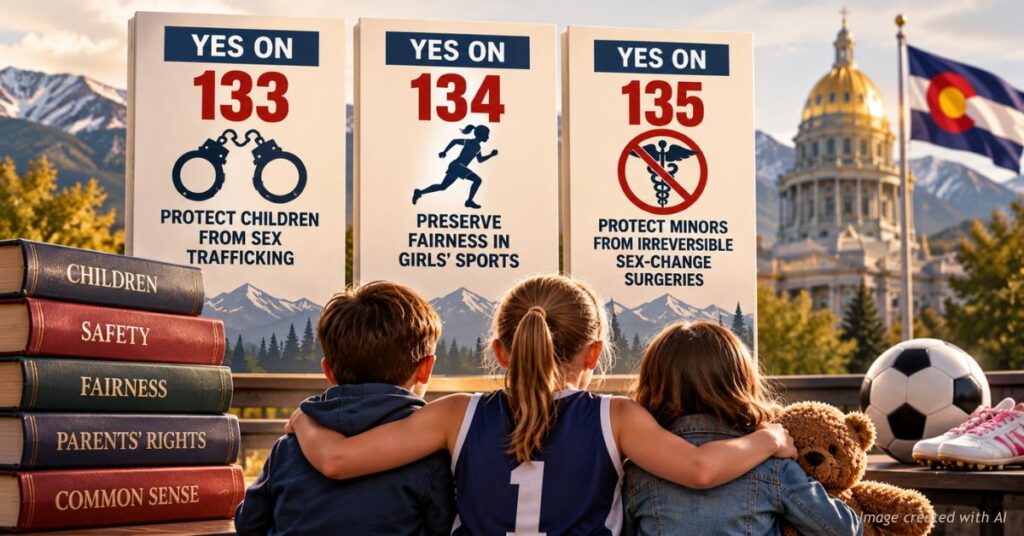 Three children sit together facing signs supporting Colorado Propositions 133, 134 and 135, with the Colorado State Capitol, state flag and Rocky Mountains in the background.