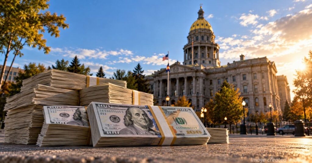 Stacks of U.S. $100 bills in front of the Colorado State Capitol symbolize millions spent on legislative elections.