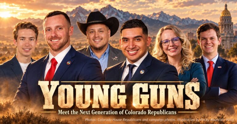 Six young Colorado Republicans under the words Young Guns, against a Rocky Mountain sunrise and the state Capitol dome.