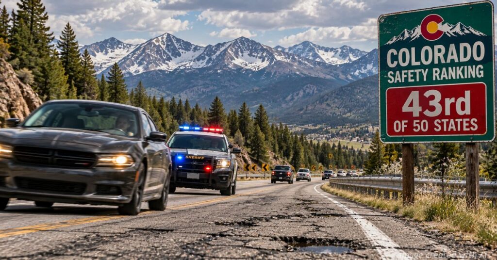 Sheriff's SUV pursues a car on a damaged Colorado mountain highway beside a sign showing the state's 43rd-place safety ranking.