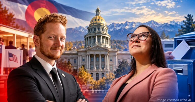 James Wiley and Amanda Gonzalez featured in a graphic for Colorado’s 2026 secretary of state race.