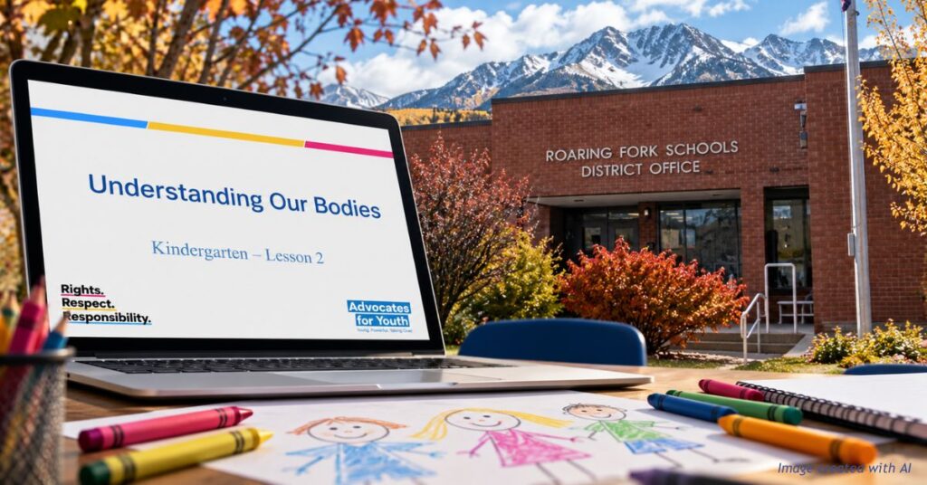 3Rs sex ed curriculum kindergarten lesson slide on a laptop outside the Roaring Fork Schools district office in Colorado