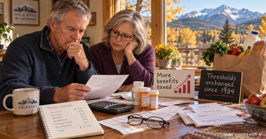Older Colorado couple reviewing household expenses as rising Social Security taxation and unchanged federal income thresholds put pressure on retirement finances.