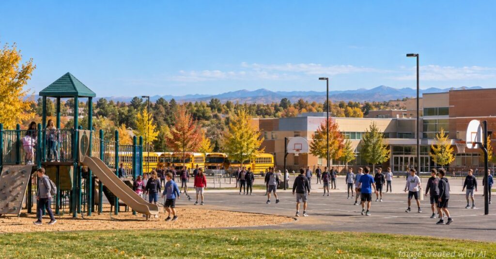 Colorado students enjoy recess at a school playground with buses and distant Front Range mountains in the background.