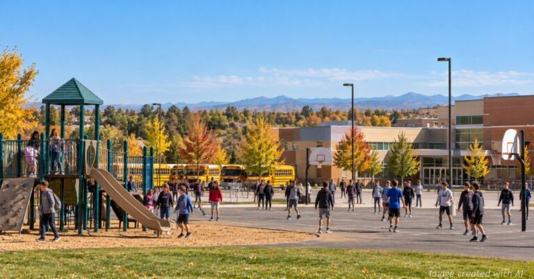 Colorado students enjoy recess at a school playground with buses and distant Front Range mountains in the background.