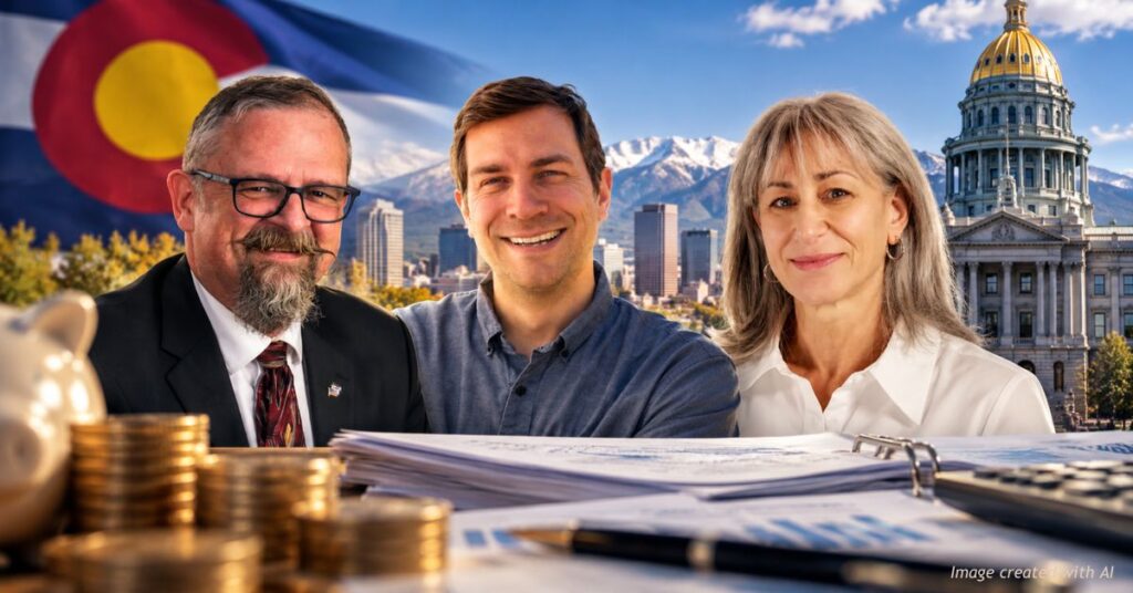 Editorial illustration of Colorado state treasurer candidates Kevin Grantham, Jeff Bridges and Jodie Barr, with the Colorado State Capitol and financial imagery in the background.