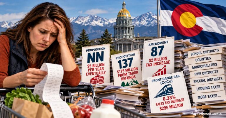 A shopper studies a long receipt as signs for Colorado tax increases on the 2026 ballot stack up in front of the state Capitol.