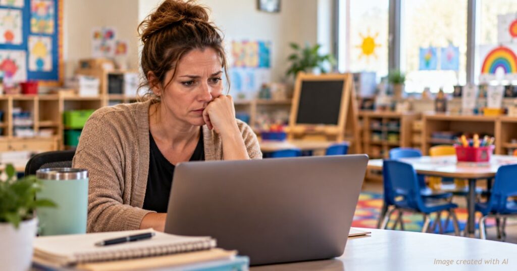 A concerned preschool administrator looks at a laptop in an empty classroom filled with child-sized tables, chairs and educational materials.