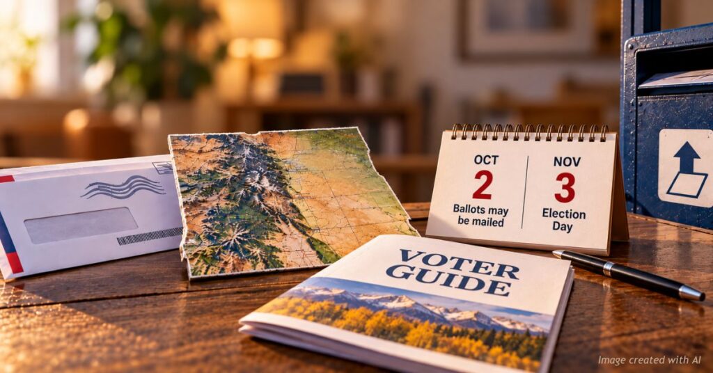Mail ballot envelope, voter guide and calendar marking Oct. 2 and Nov. 3 for Colorado's 2026 election
