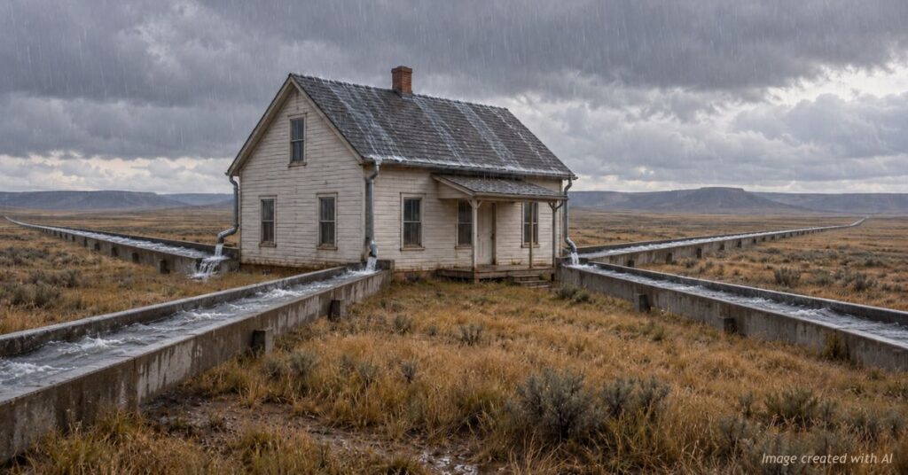 Rain from a lone farmhouse roof pours down spouts into concrete flumes carrying the water off to the horizon.