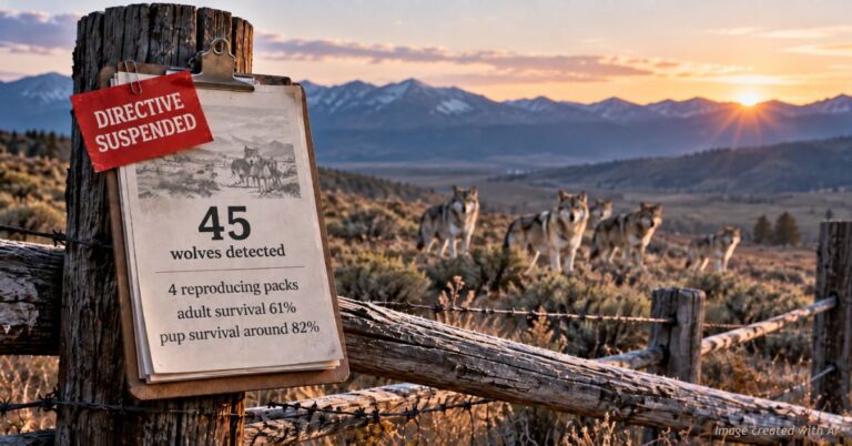 Clipboard on a fence post reads directive suspended, 45 wolves detected, with a wolf pack on Colorado sagebrush