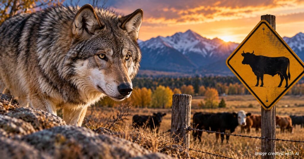 AI-generated image of a gray wolf standing near a herd of cattle on a Colorado ranch, with a wooden fence and snow-covered mountains at sunset.
