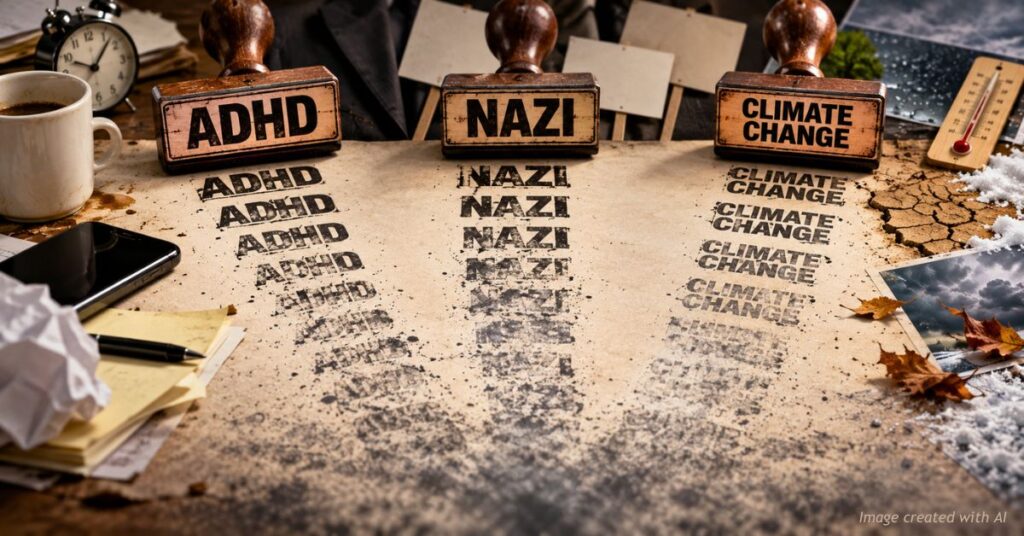 Three rubber stamps reading ADHD, NAZI and CLIMATE CHANGE, their repeated impressions fading down a page.
