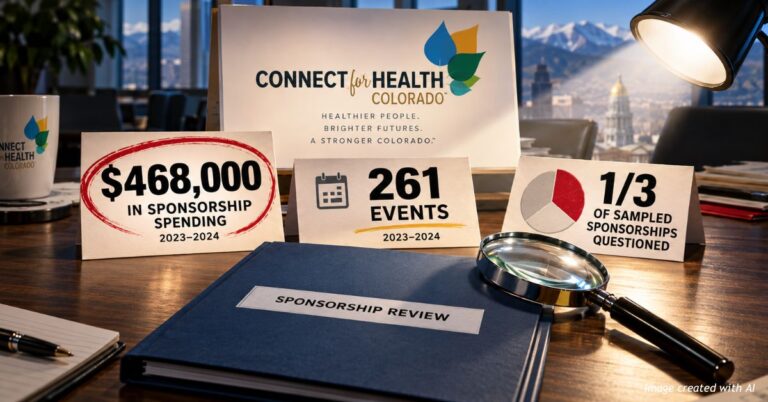 Editorial illustration showing Connect for Health Colorado's $468,000 in sponsorship spending across 261 events in 2023–2024, with one-third of sampled sponsorships questioned by auditors.