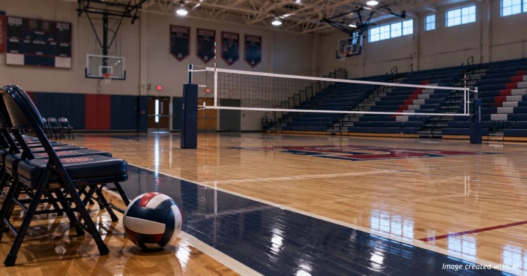 AI-generated image of an empty high school volleyball court with a volleyball beside vacant player chairs, featuring navy blue, red and white school colors.