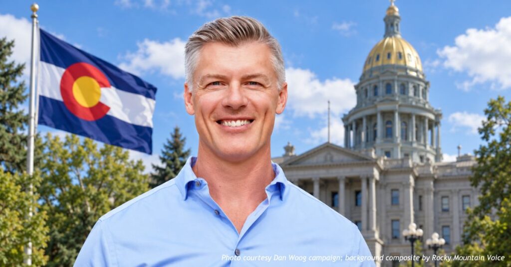 Colorado Rep. Dan Woog with the Colorado state flag and the gold-domed State Capitol behind him
